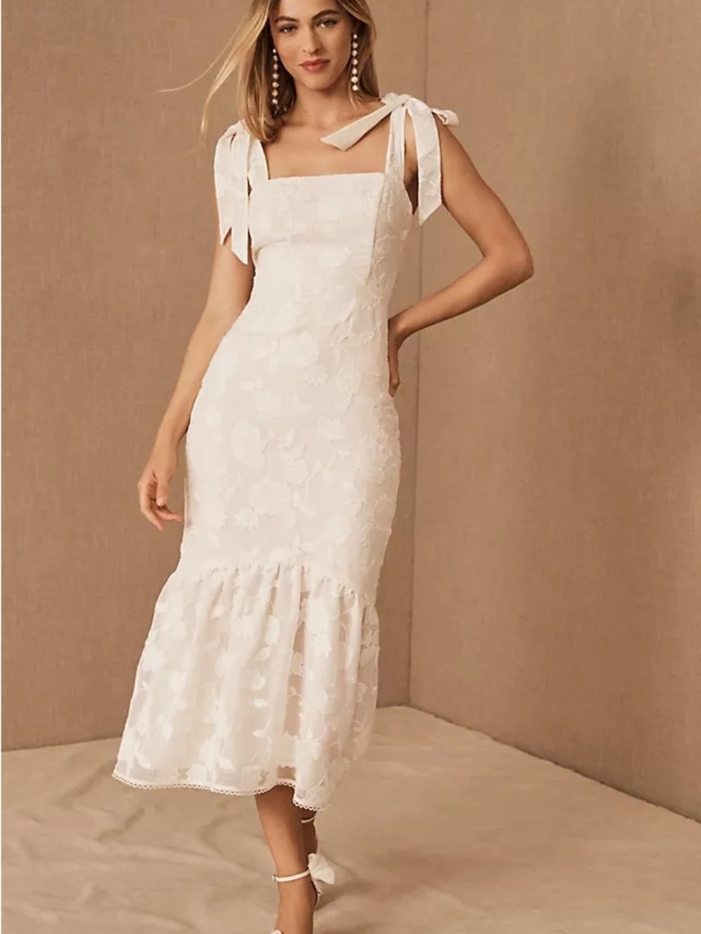 Mestiza Bridal Floral Tie-Shoulder Midi Dress with Ruffle Hem